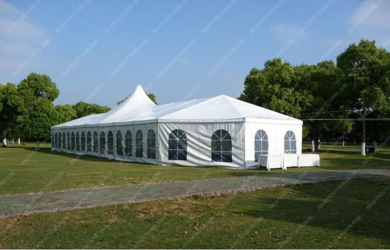 Outdoor high peak tent for wedding events