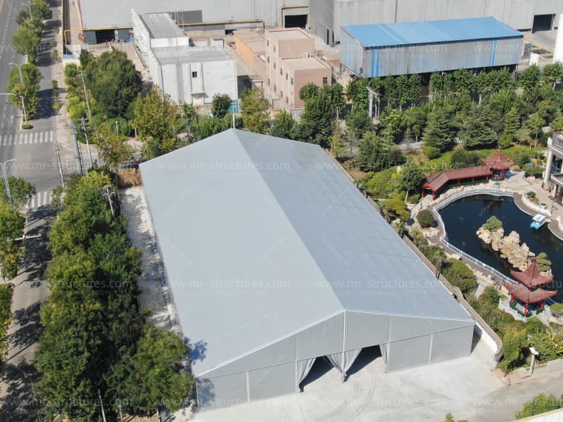 big warehouse tent drone shot