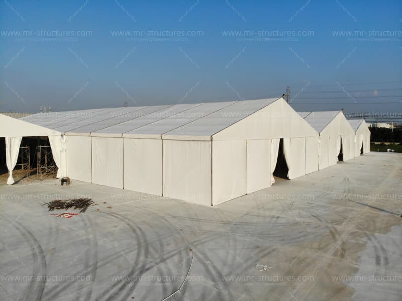 grouped industrial storage tent exterior