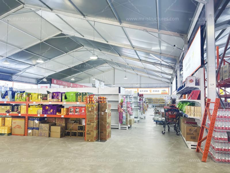 large storage tent supermarket interior shelves