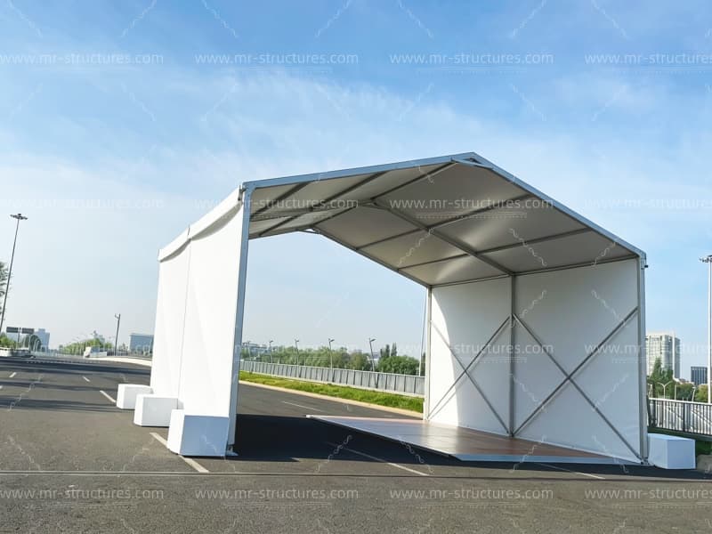 20x30 event tent with open-front gable wall for outdoor display