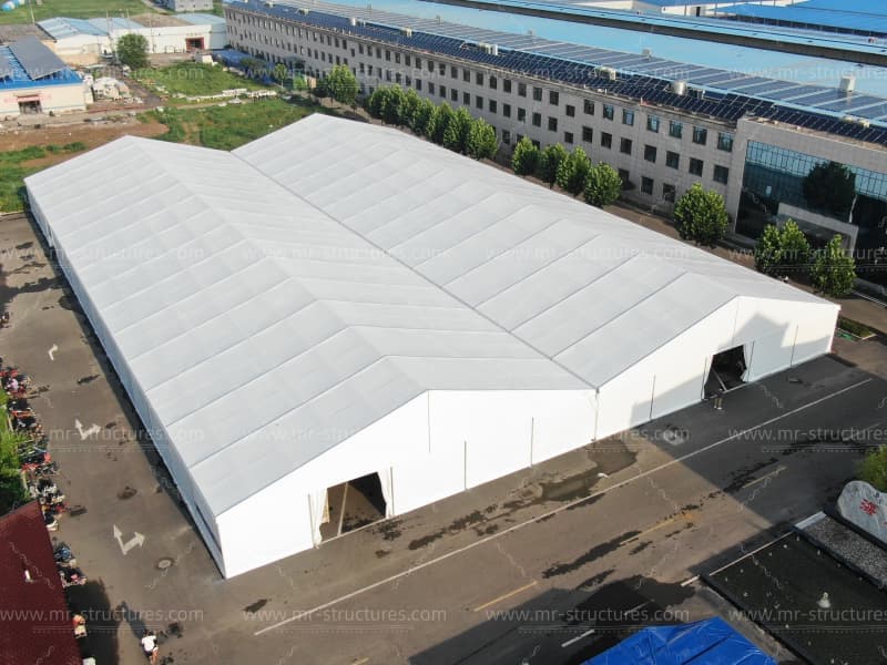 aerial view of large warehouse tent complex